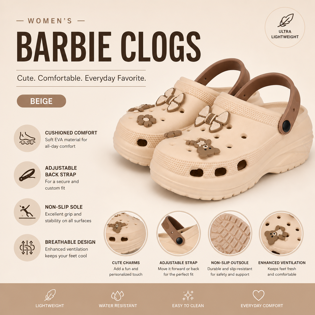 Vrino Barbie Ultra Soft Lightweight EVA Clogs for Women & Girls – Beige Brown