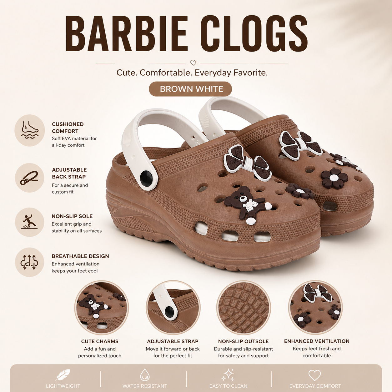 Vrino Barbie Ultra Soft Lightweight EVA Clogs for Women & Girls – Brown White