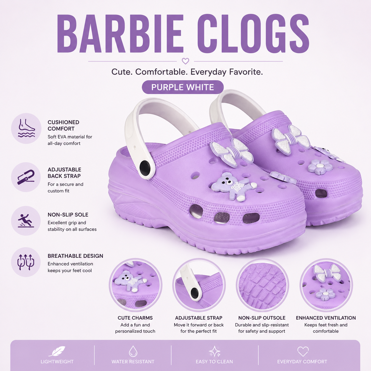 Vrino Barbie Ultra Soft Lightweight EVA Clogs for Women & Girls – Purple White
