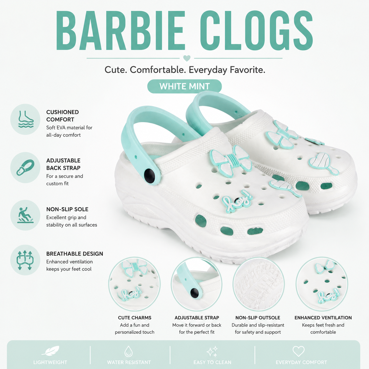 Vrino Barbie Ultra Soft Lightweight EVA Clogs for Women & Girls – Mint White