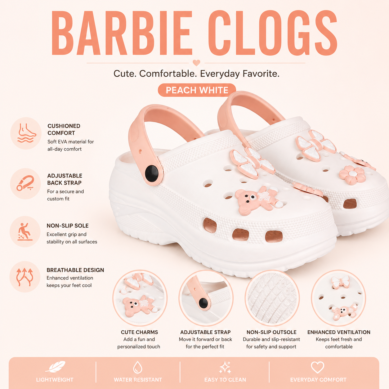 Vrino Barbie Ultra Soft Lightweight EVA Clogs for Women & Girls – White Peach
