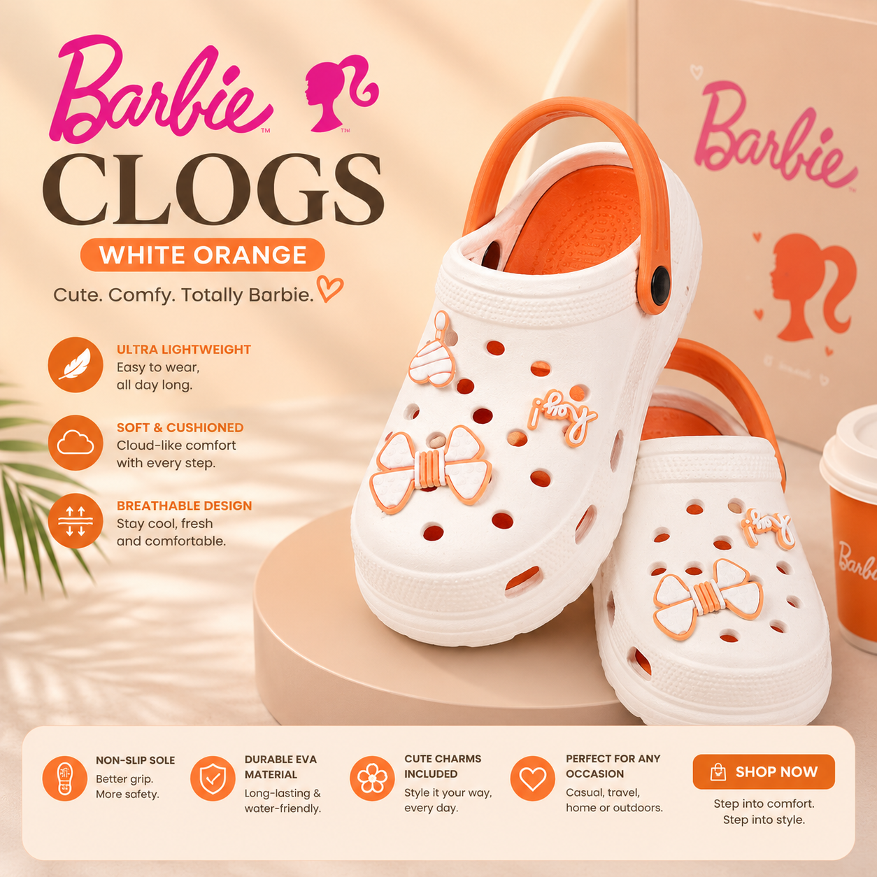 Vrino Barbie Ultra Soft Lightweight EVA Clogs for Women & Girls – Orange White