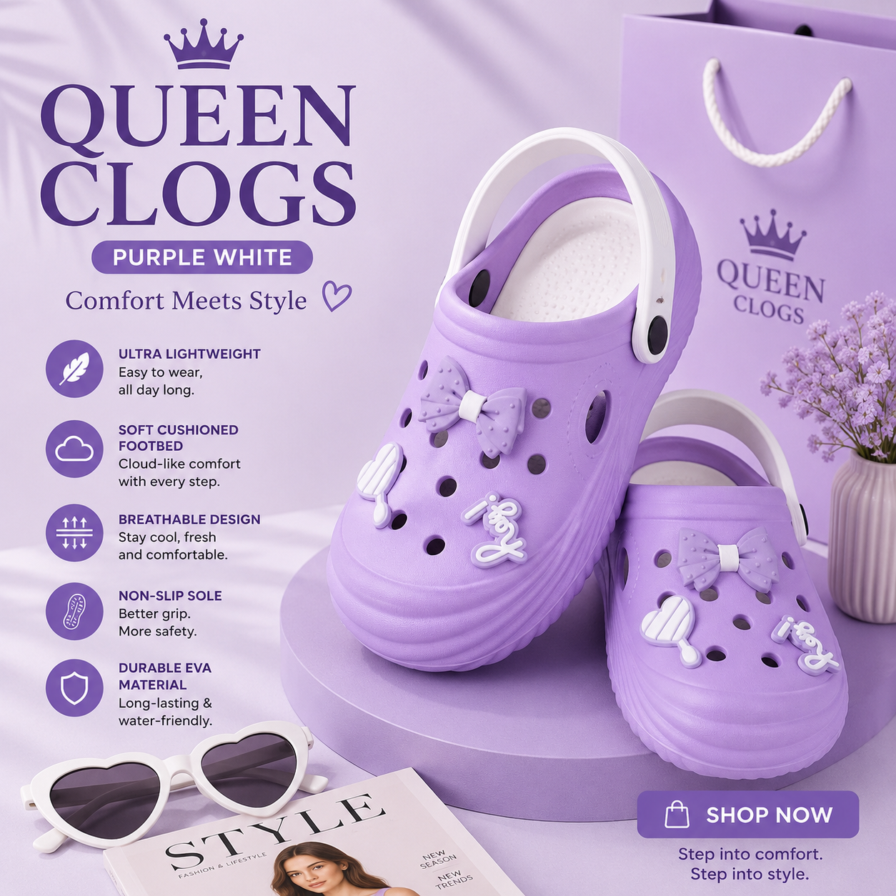 Vrino Queen Ultra Soft Lightweight EVA Clogs for Women & Girls – Purple White