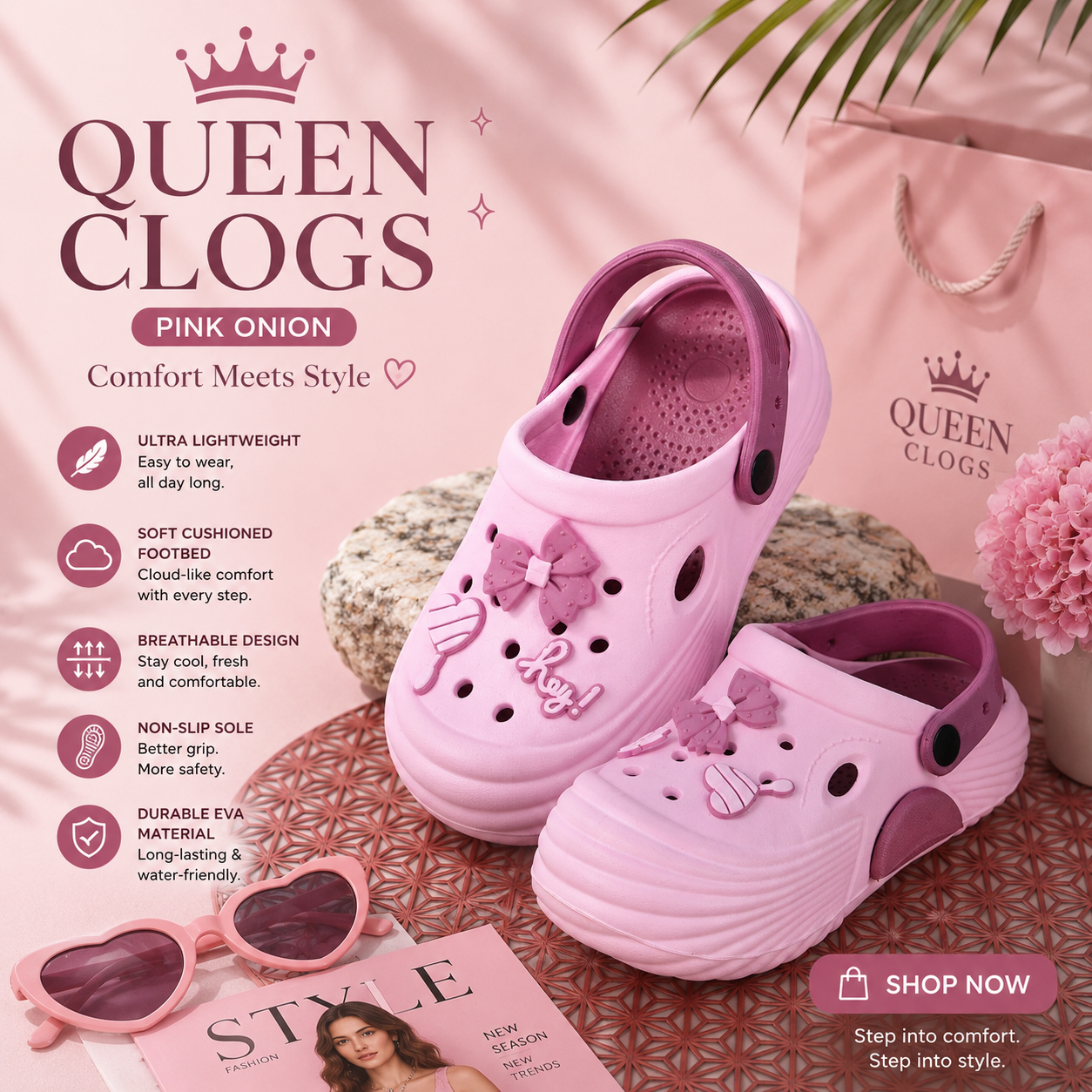Vrino Queen Ultra Soft Lightweight EVA Clogs for Women & Girls – Pink Onion