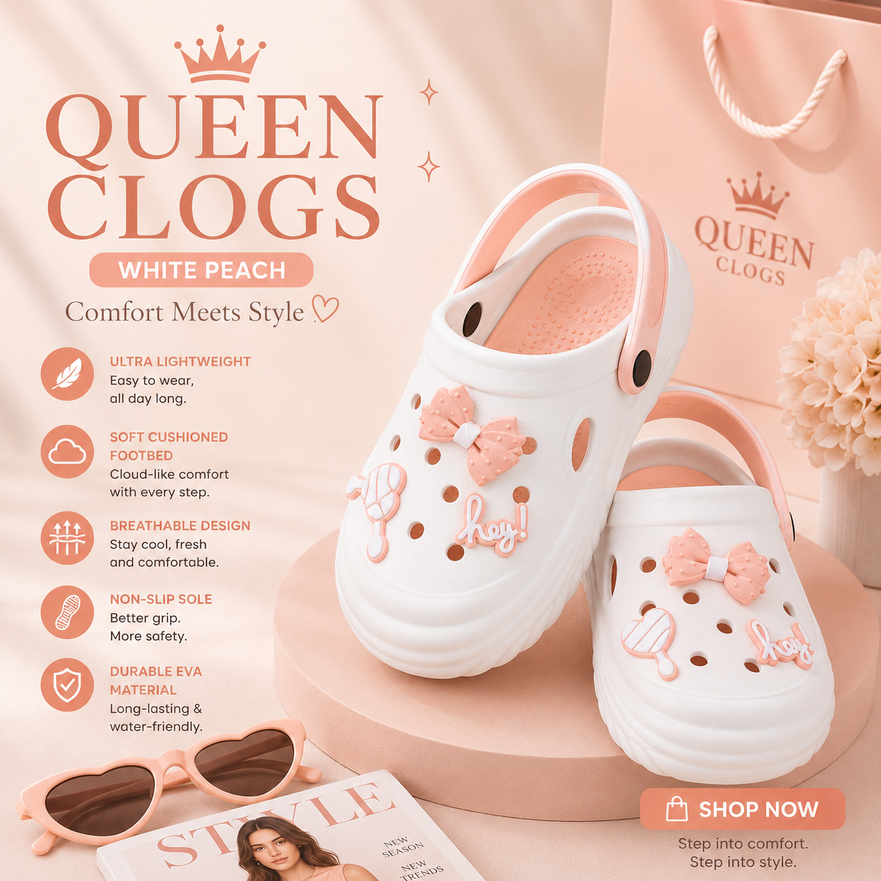 Vrino Queen Ultra Soft Lightweight EVA Clogs for Women & Girls – White Peach