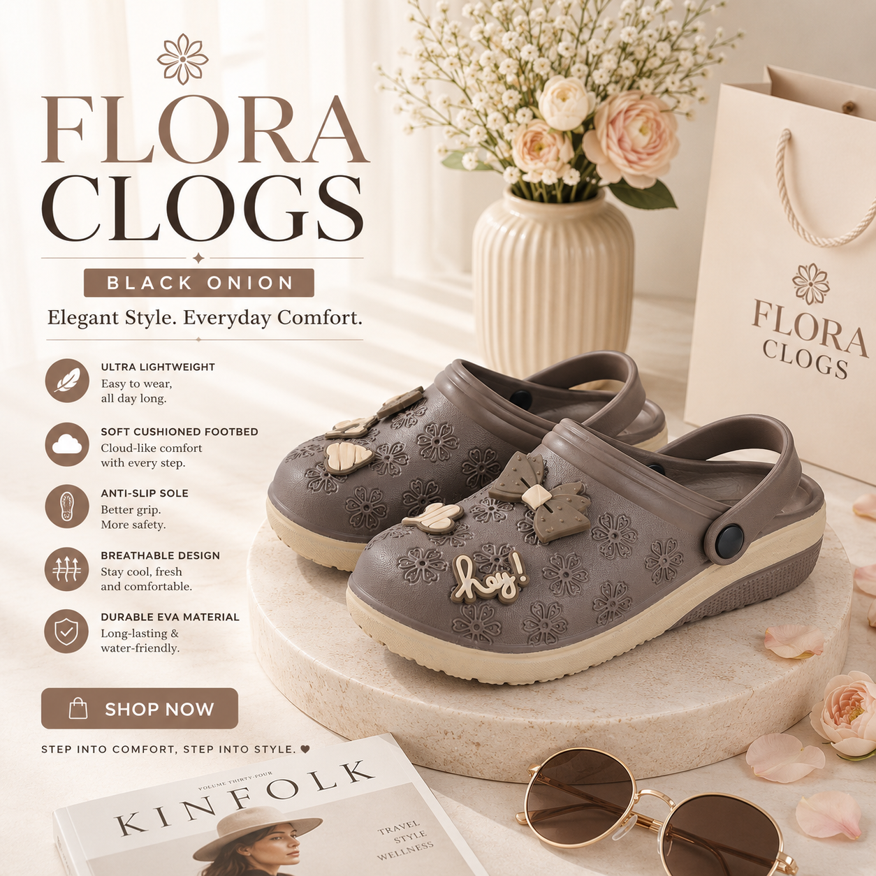Vrino Flora Ultra Soft Lightweight EVA Clogs for Women & Girls – Brown Beige