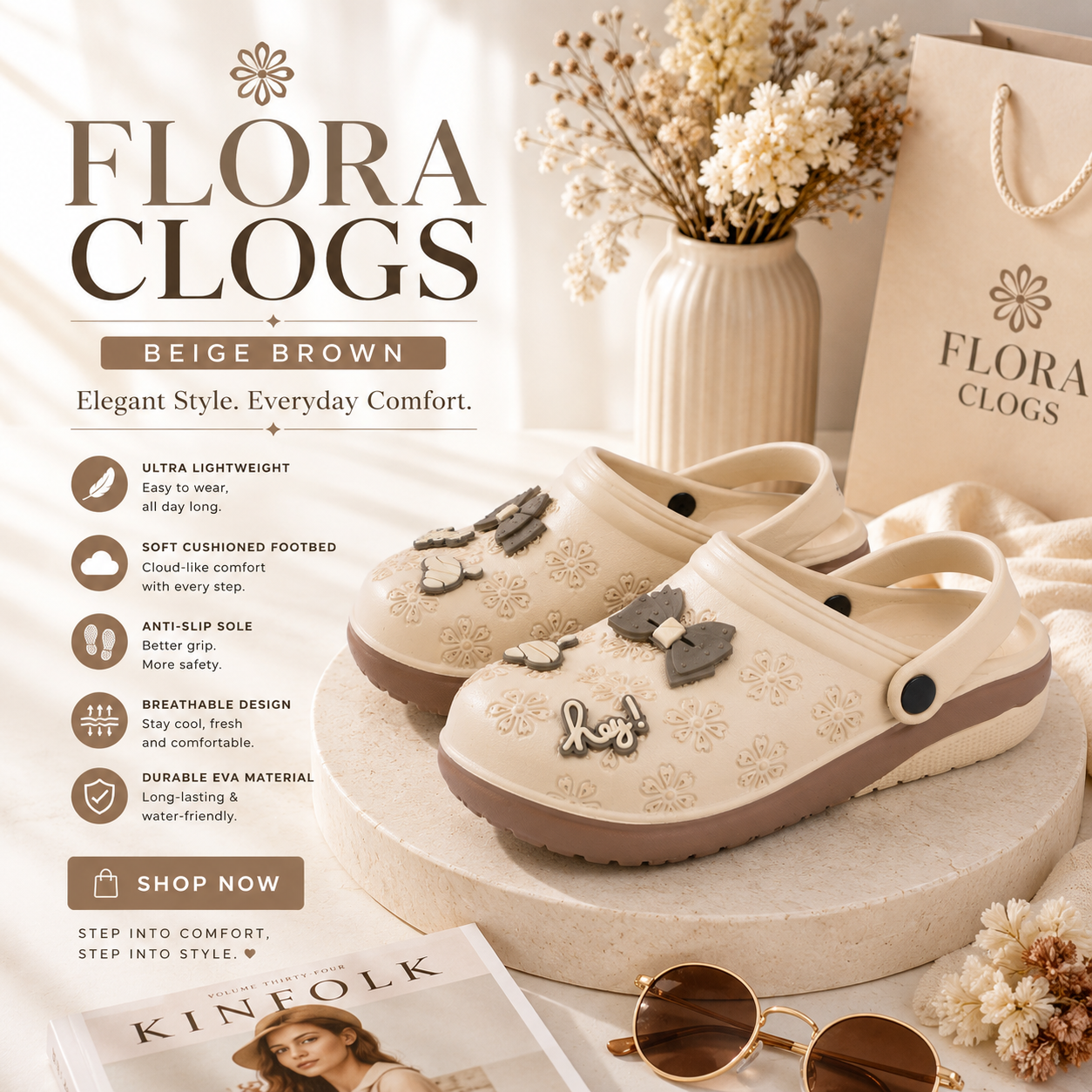 Vrino Flora Ultra Soft Lightweight EVA Clogs for Women & Girls – Beige Brown