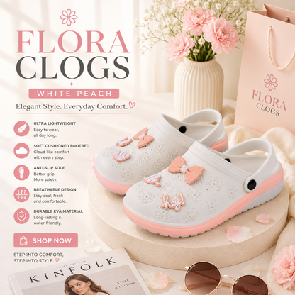 Vrino Flora Ultra Soft Lightweight EVA Clogs for Women & Girls – White Peach