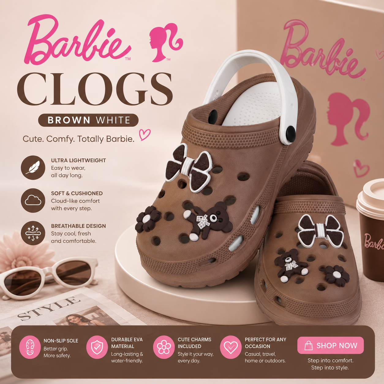 Vrino Barbie Ultra Soft Lightweight EVA Clogs for Women & Girls – Brown White