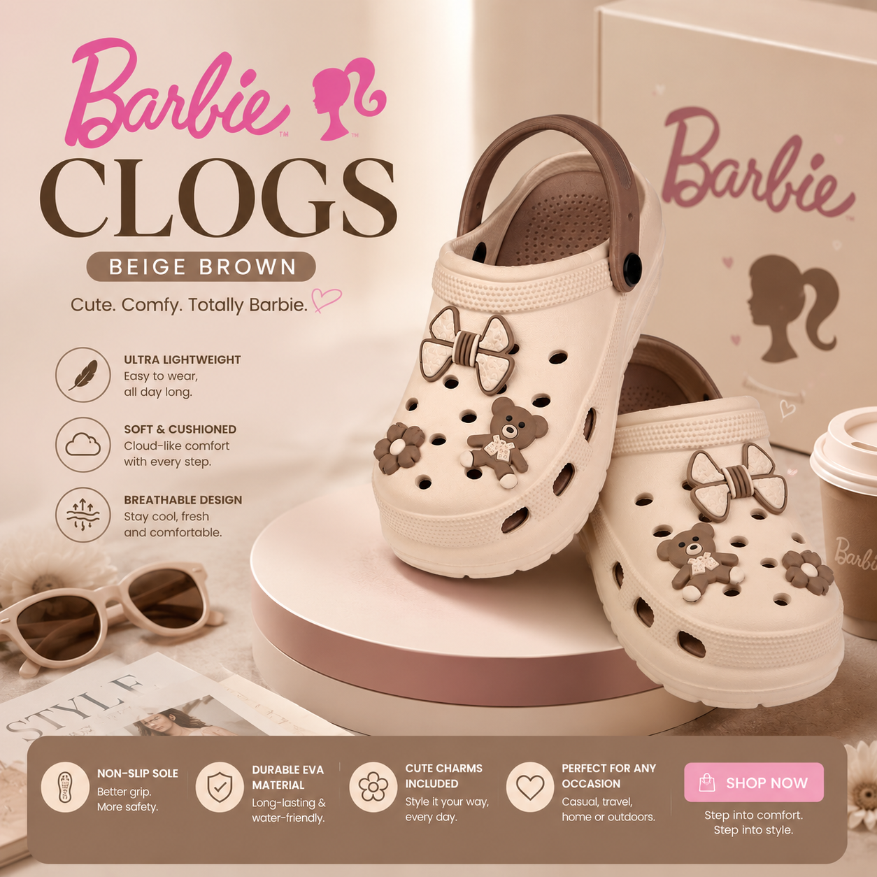 Vrino Barbie Ultra Soft Lightweight EVA Clogs for Women & Girls – Beige Brown