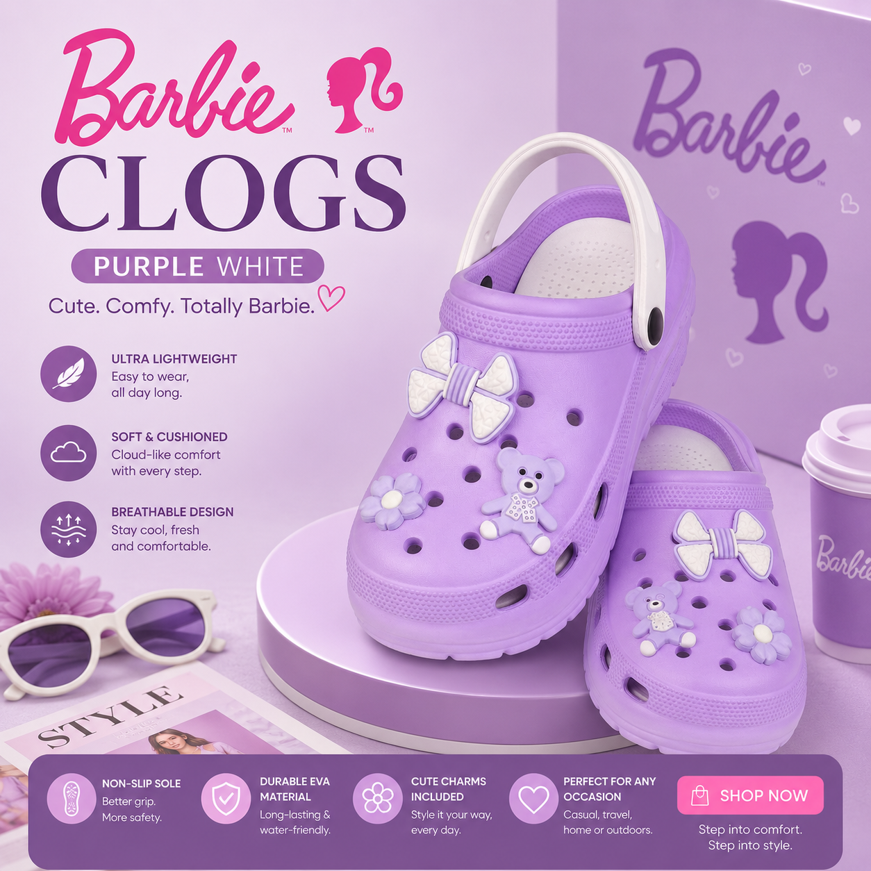 Vrino Barbie Ultra Soft Lightweight EVA Clogs for Women & Girls – Purple White