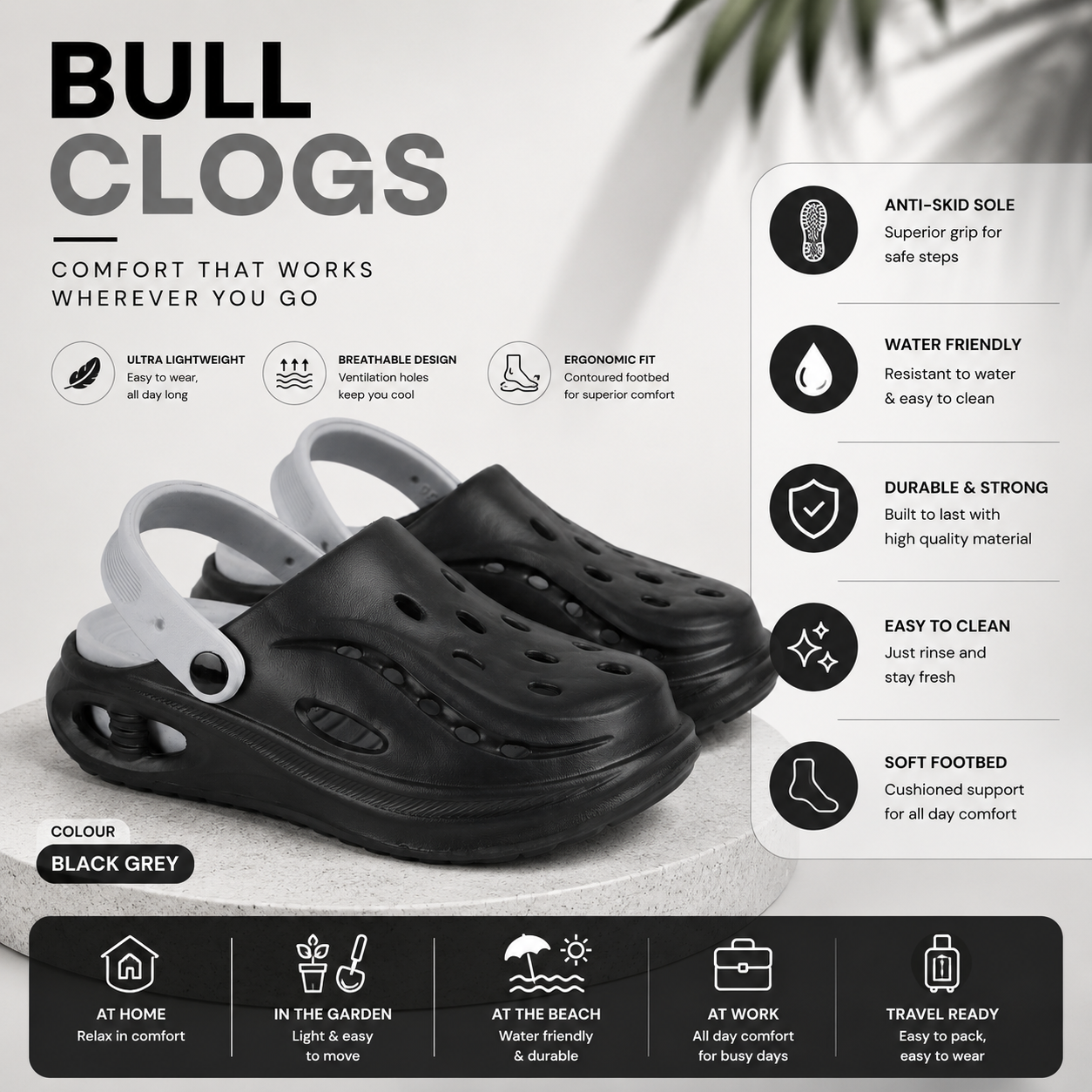 Vrino Bull Ultra Soft Lightweight EVA Clogs for Men – Black Grey