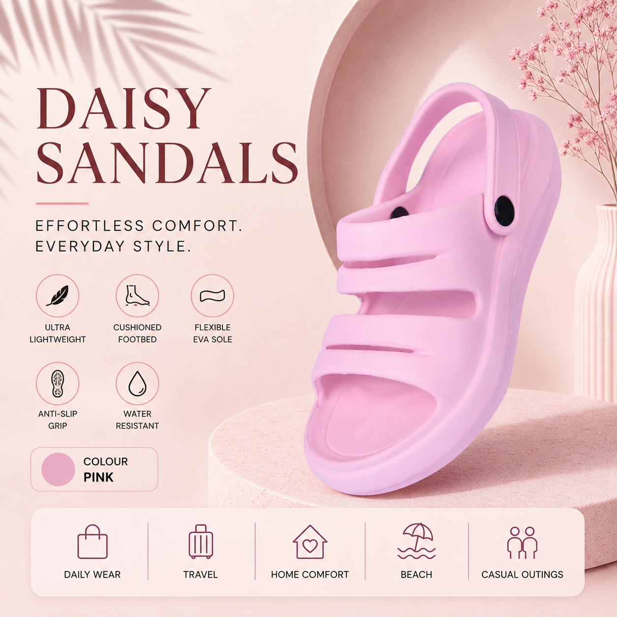 Vrino Daisy Ultra Soft Lightweight EVA Sandals for Women & Girls – Pink
